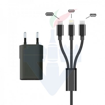 Caricatore USB 5V/1A + Cavo 3in1 Lightning + Micro USB + USB-C - Wave Concept