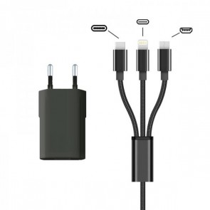 Caricatore USB 5V/1A + Cavo 3in1 Lightning + Micro USB + USB-C - Wave Concept